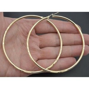 10k Solid Yellow Gold big Large hoop Diamond Cut Earrings 80mm x3mm 3 6.5gr